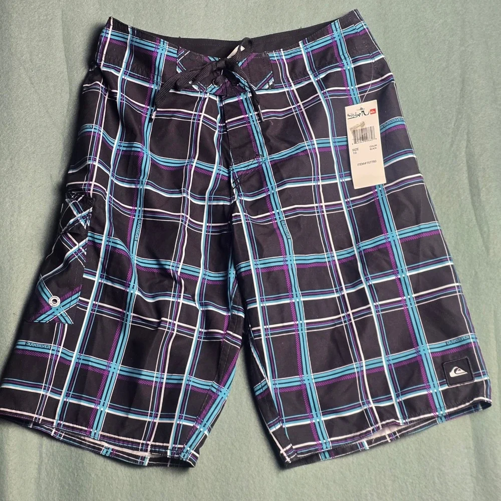 Quiksilver‎ Boys Plaid Board Shorts Black Teal Purple Swim Trunks Size 10 NEW